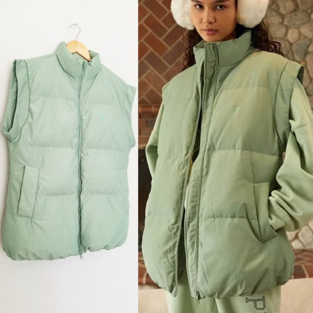 Playboy By PacSun Oversized Puffer Vest Sage Green XS/S Pockets 2 Way Zip Sporty